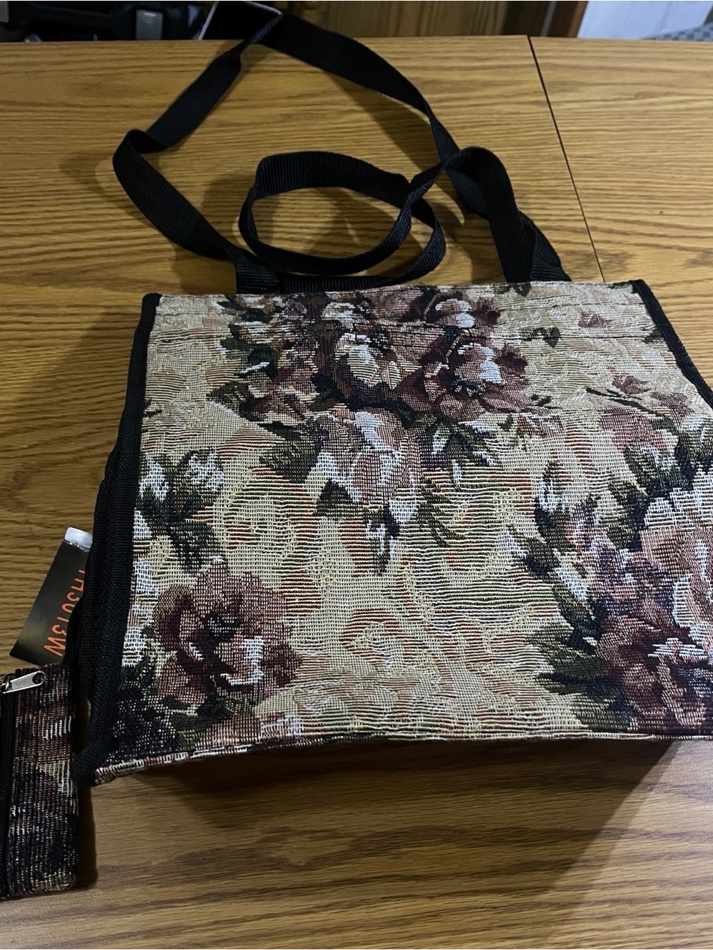 Floral Tapestry Tote Bag with Black Straps and change purse
